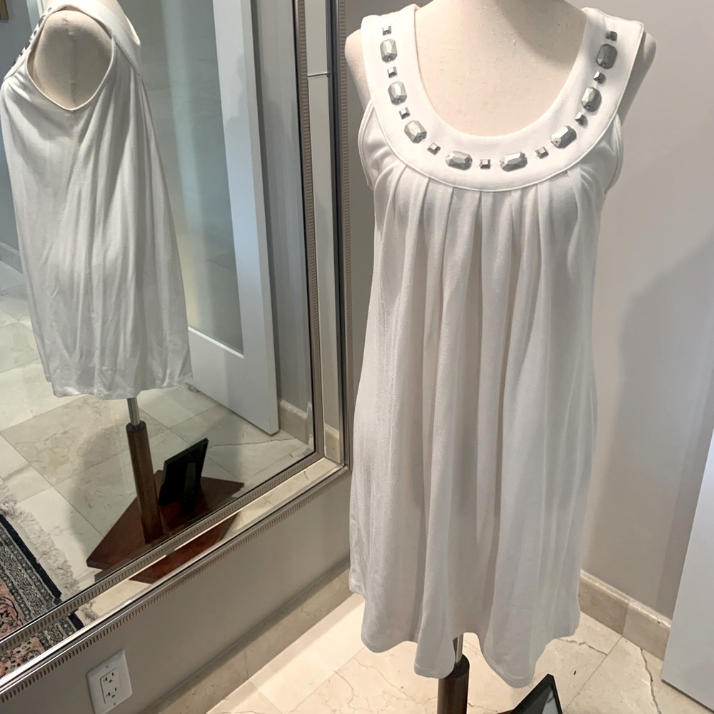 Michael Kors White knit slip dress with muted silver beading in neckline